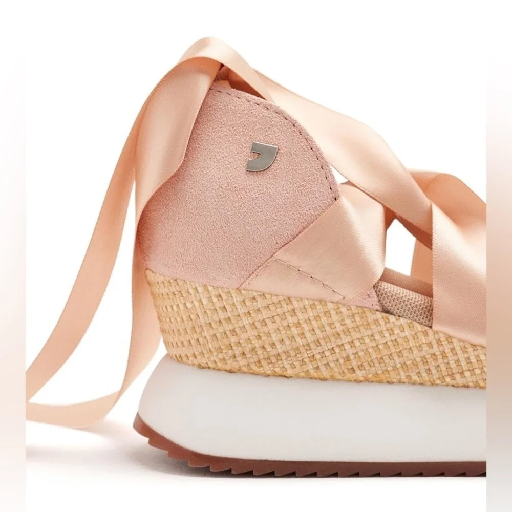 GIOSEPPO Pink Platform Sport Sandals with Raffia Wedge & Ribbon Laces Size 9